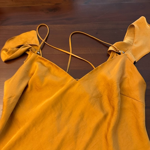 FREE PEOPLE What I Want Golden Yellow Satin Off-the-Shoulder Slip Dress (D10) - Picture 3 of 9
